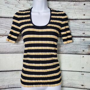 Tahari Women’s Ribbed Knit Black & Gold Striped Short Sleeve Top Size Medium